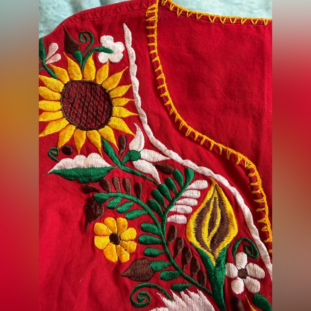 Women’s Sunflower Embroidered Red Long Sleeve Tunic Top - Picture 3 of 10